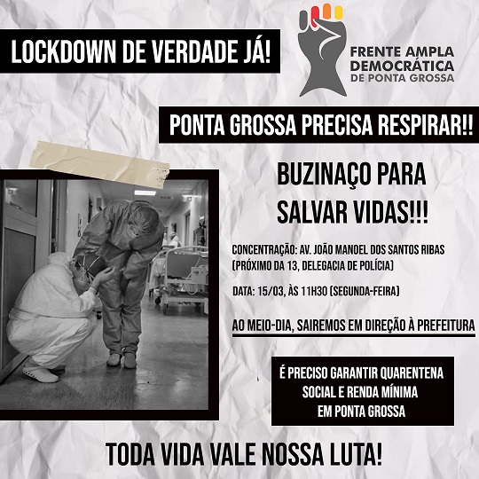 Grupo fará buzinaço em Ponta Grossa para pedir lockdown