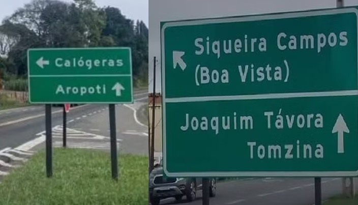 Placas com erros em nomes de cidades são instaladas por concessionária em rodovia: ‘Aropoti’, ‘Tomzina’: